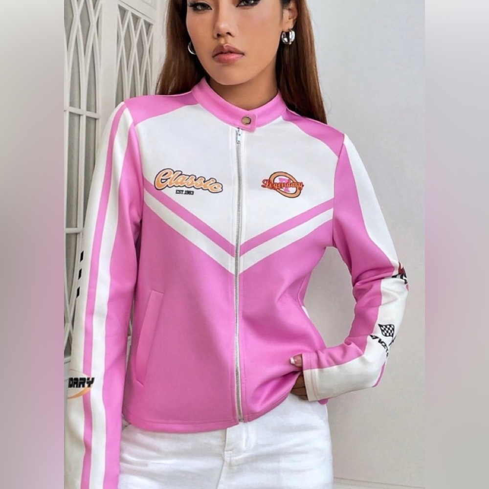 Pink Preppy Womens Letter Graphic Two Tone Zip Up Jacket, Size Large